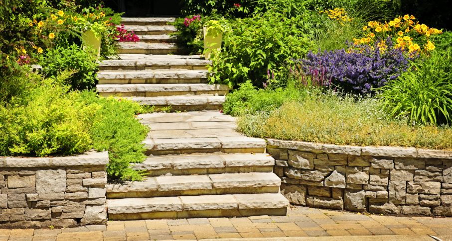 Stone PatiosWalkway and steps Light posts